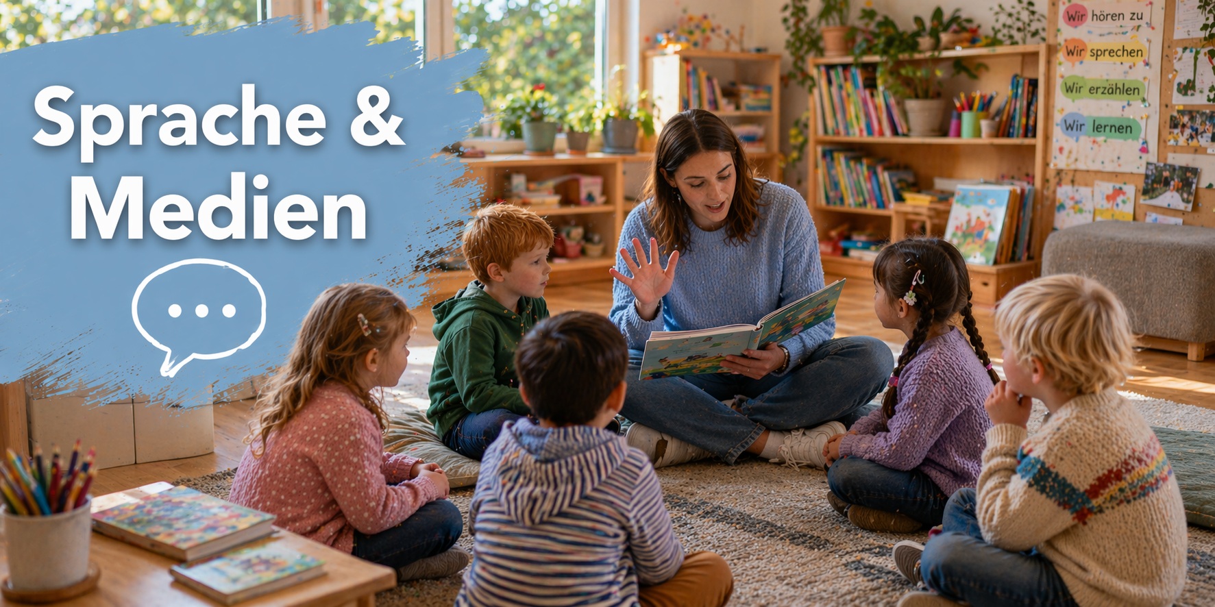 Sprache, Medien und kindgerechte Bildung begleiten den Alltag.